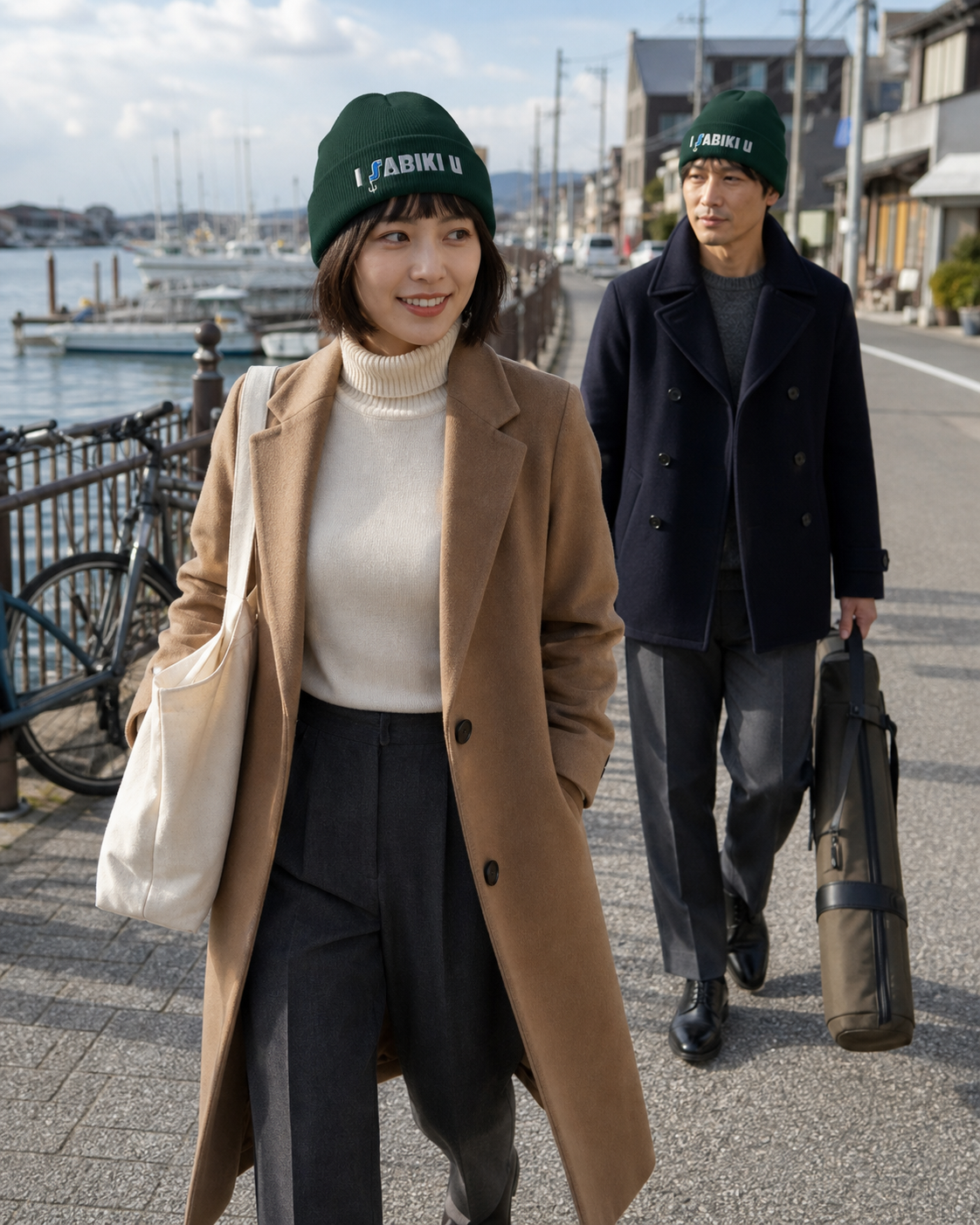 I SABIKI U カフビーニーを着用する女性と男性
