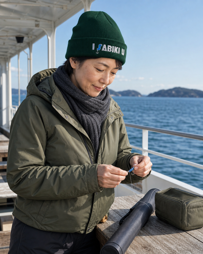 I SABIKI U カフビーニーを着用して冬の水辺へ出かける女性