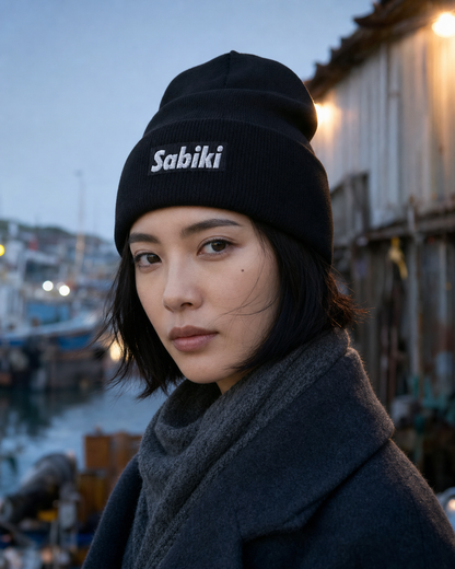 ブラック SABIKI BOX カフビーニーを着用する女性の近景
