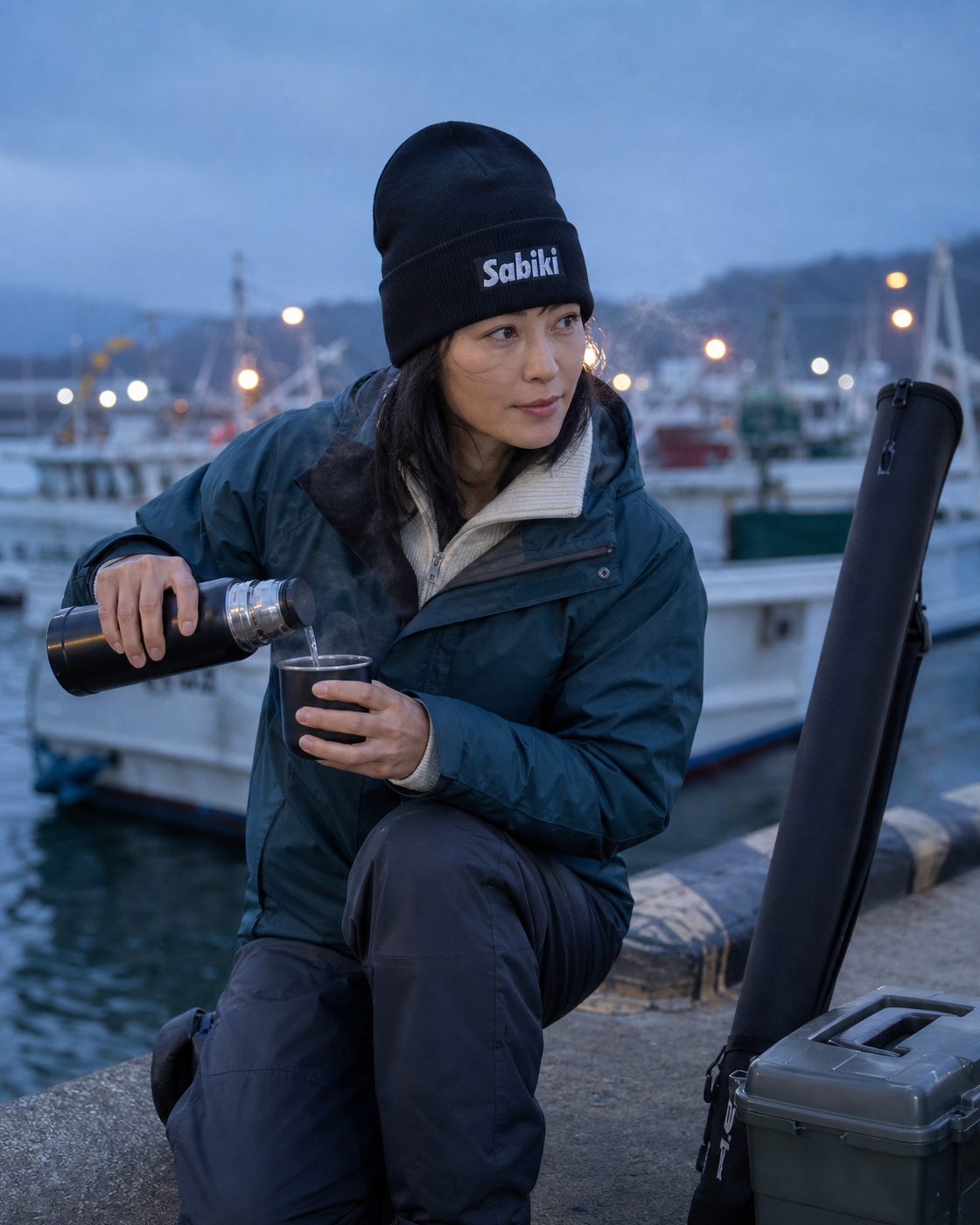 ブラック SABIKI BOX カフビーニーを着用して冬の水辺へ出かける女性