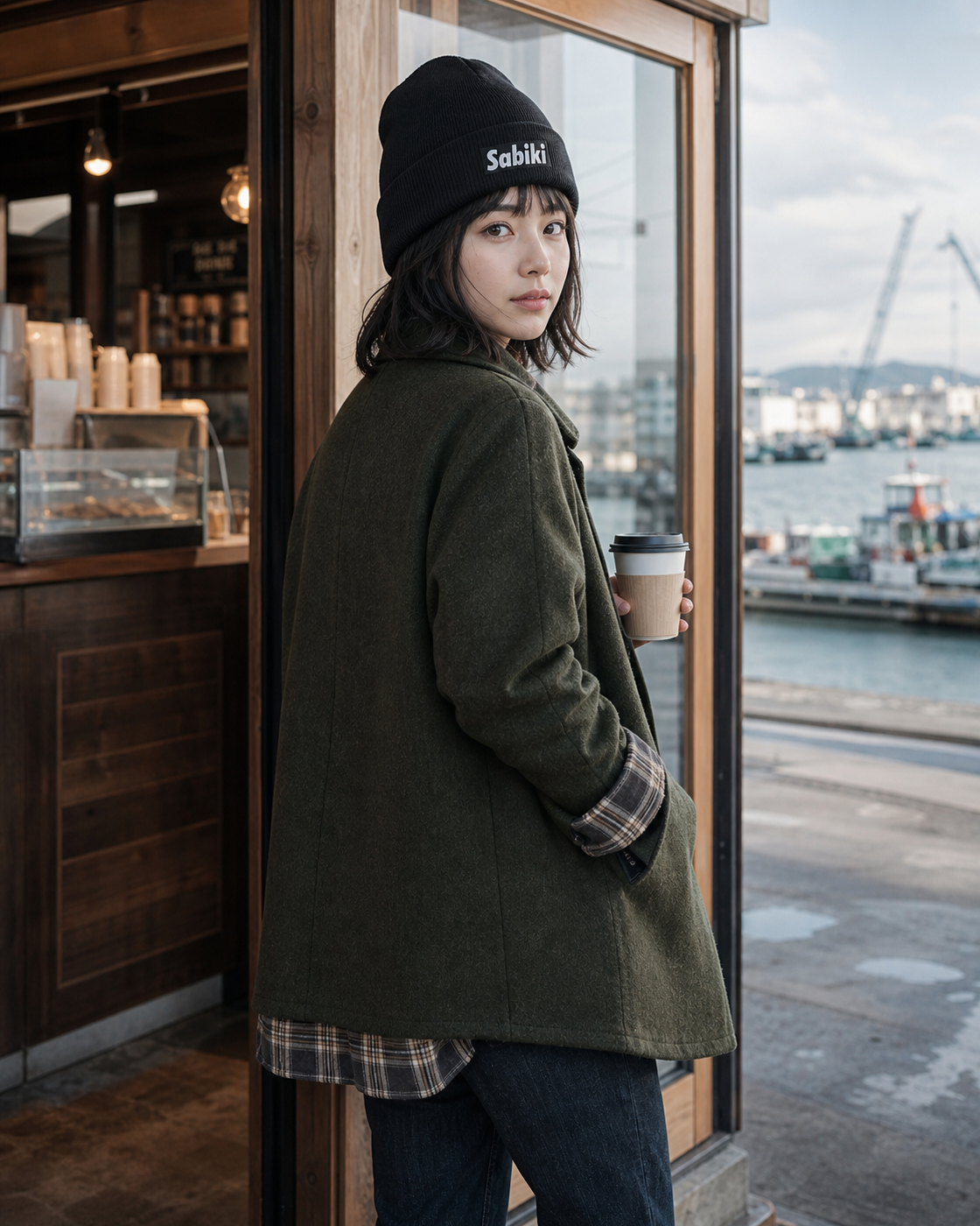 ブラック SABIKI BOX カフビーニーを取り入れた女性のコーディネート