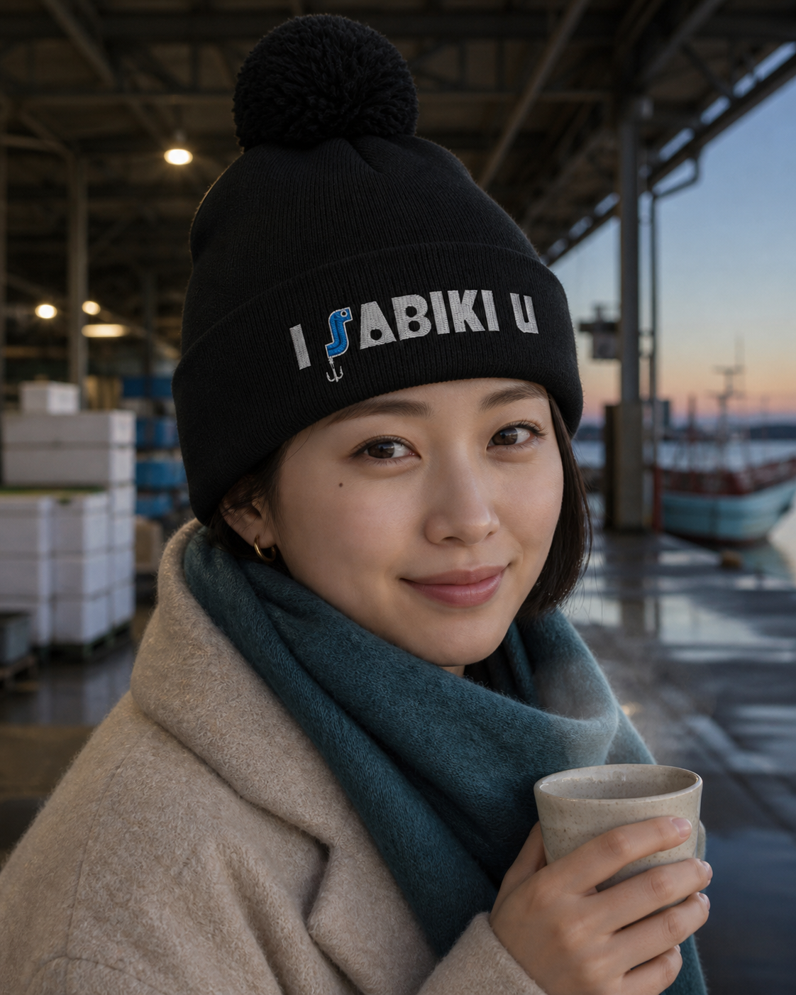 I SABIKI U ポンポンビーニーを着用する女性の近景