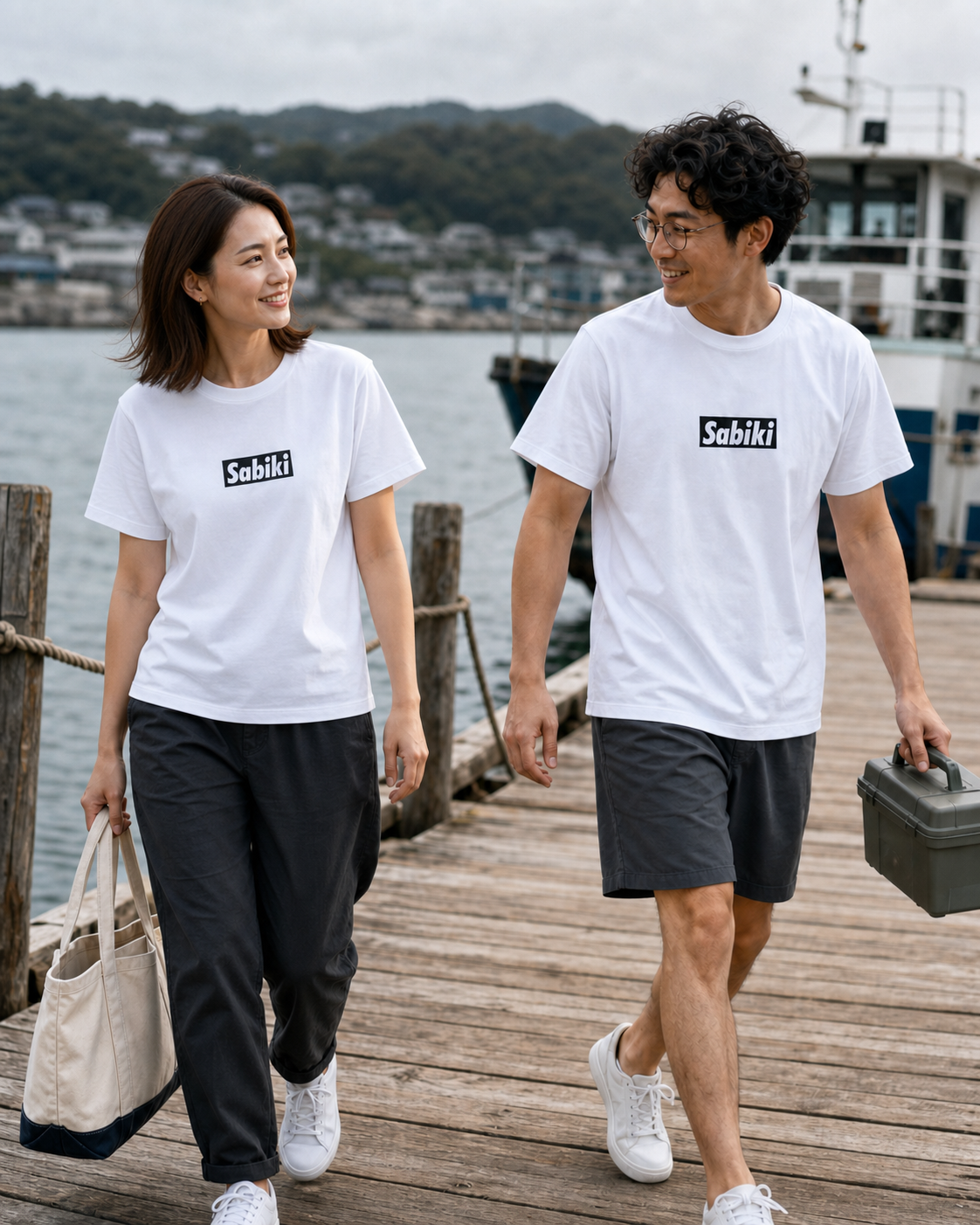 港でSABIKI BOX ロゴTシャツ｜完全受注生産を着用する女性と男性