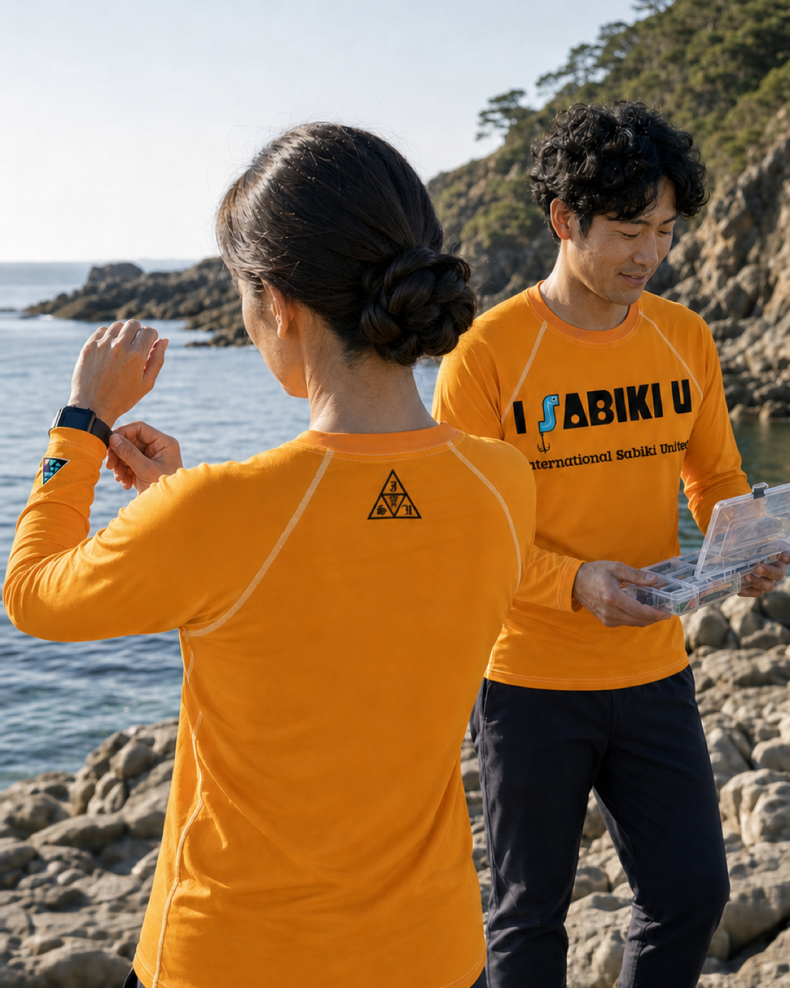 オレンジのSABIKIラッシュガードの前面・背面・袖のデザインを見る女性と男性