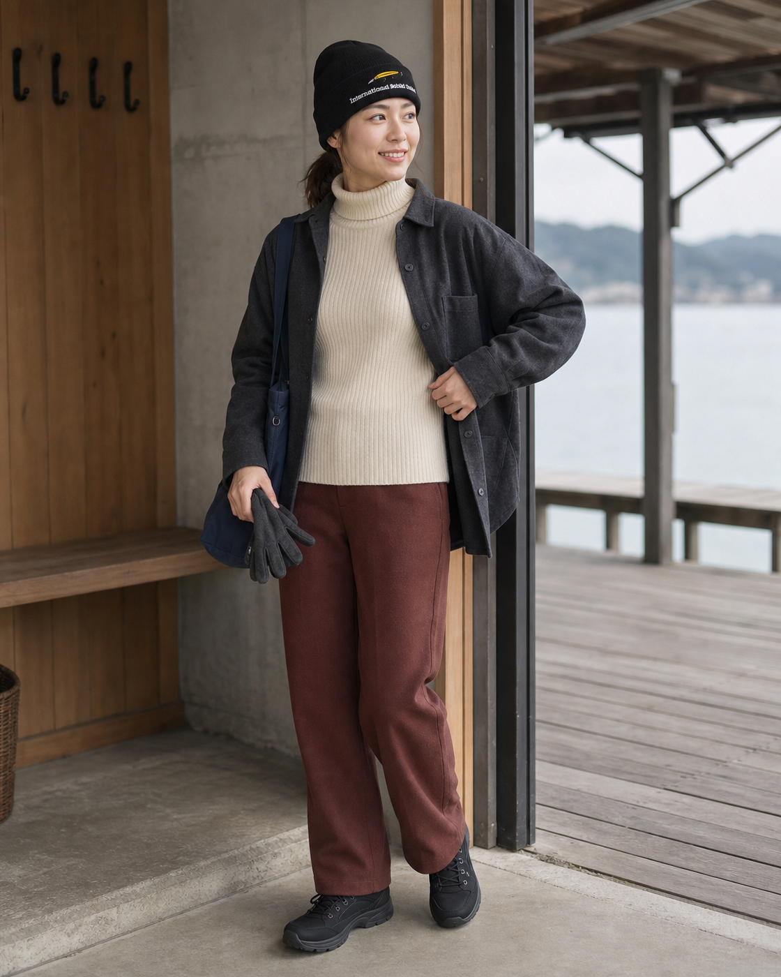 ミノールアー カフビーニーを取り入れた女性のコーディネート