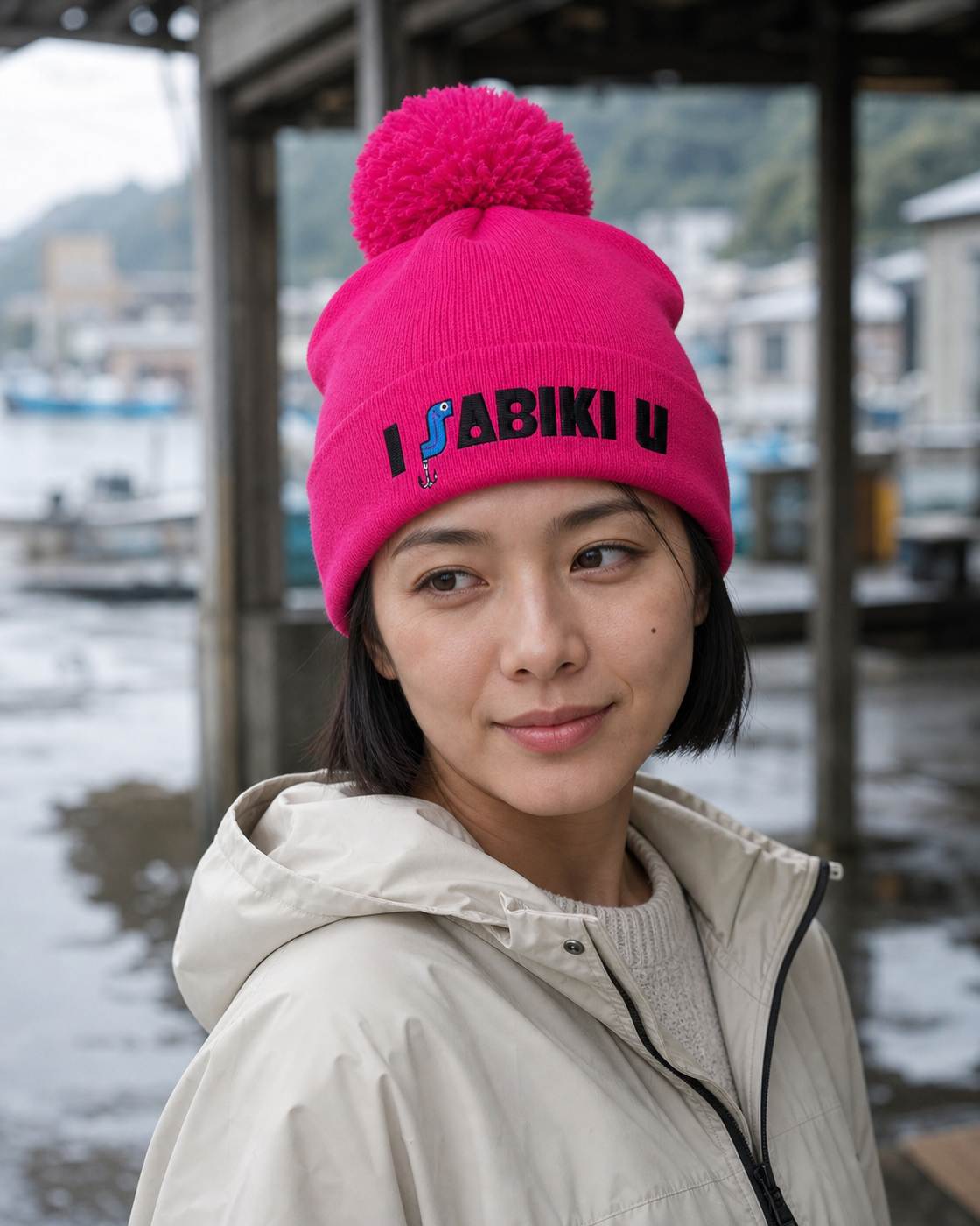 I SABIKI U ネオンピンク ポンポンビーニーを着用する女性の近景