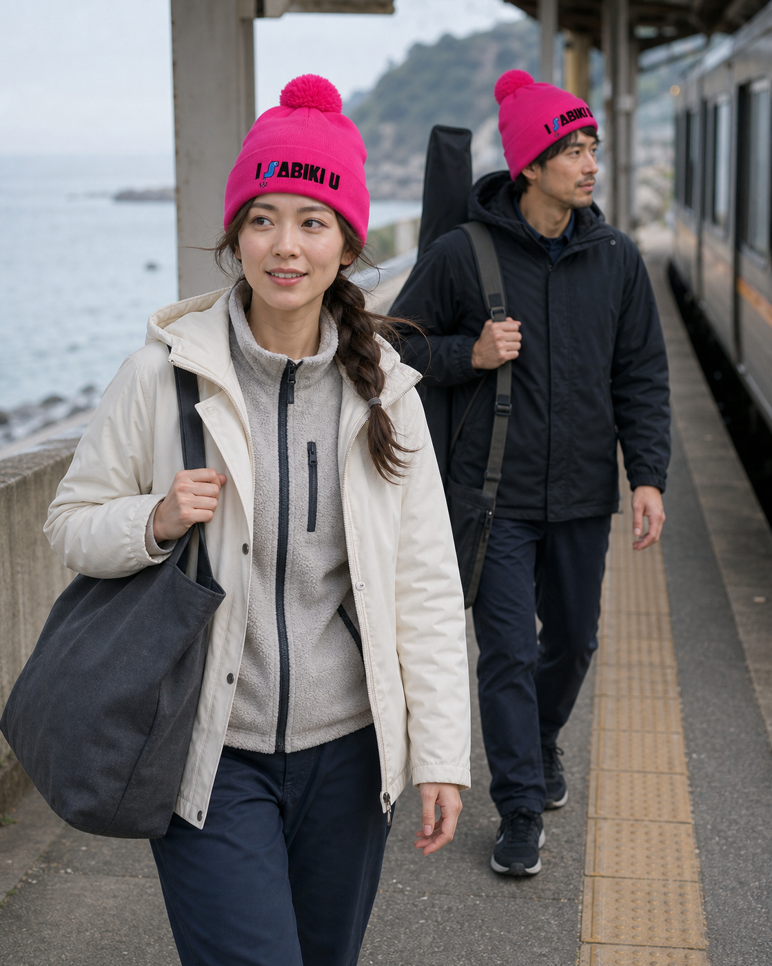 I SABIKI U ネオンピンク ポンポンビーニーを着用する女性と男性