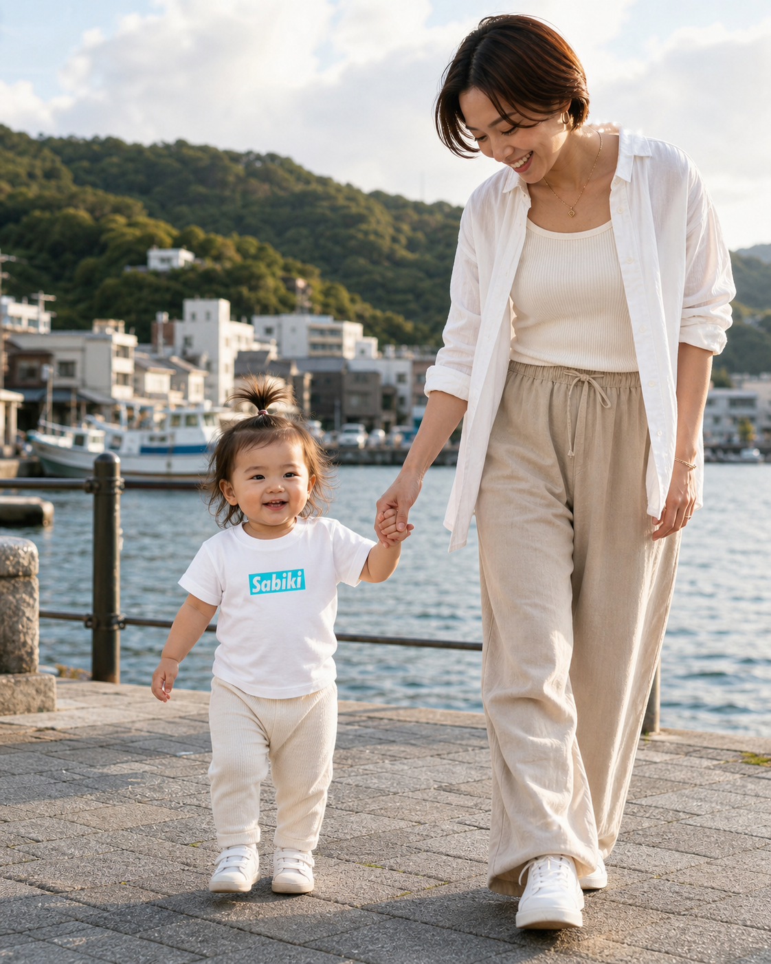 ベビー用SABIKIボックスTシャツ白を港で着用する女の子と母親