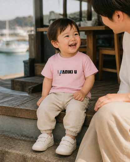 ベビー用I SABIKI U Tシャツピンクを港で着用する男の子