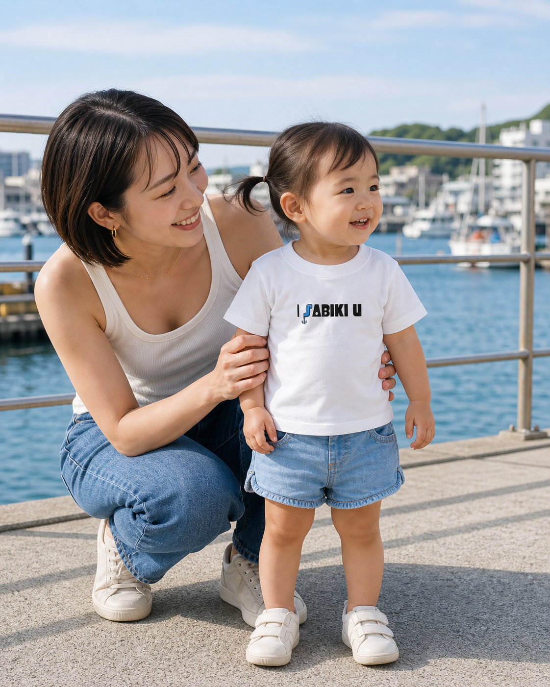 ベビー用I SABIKI U Tシャツ白を港で着用する女の子と母親