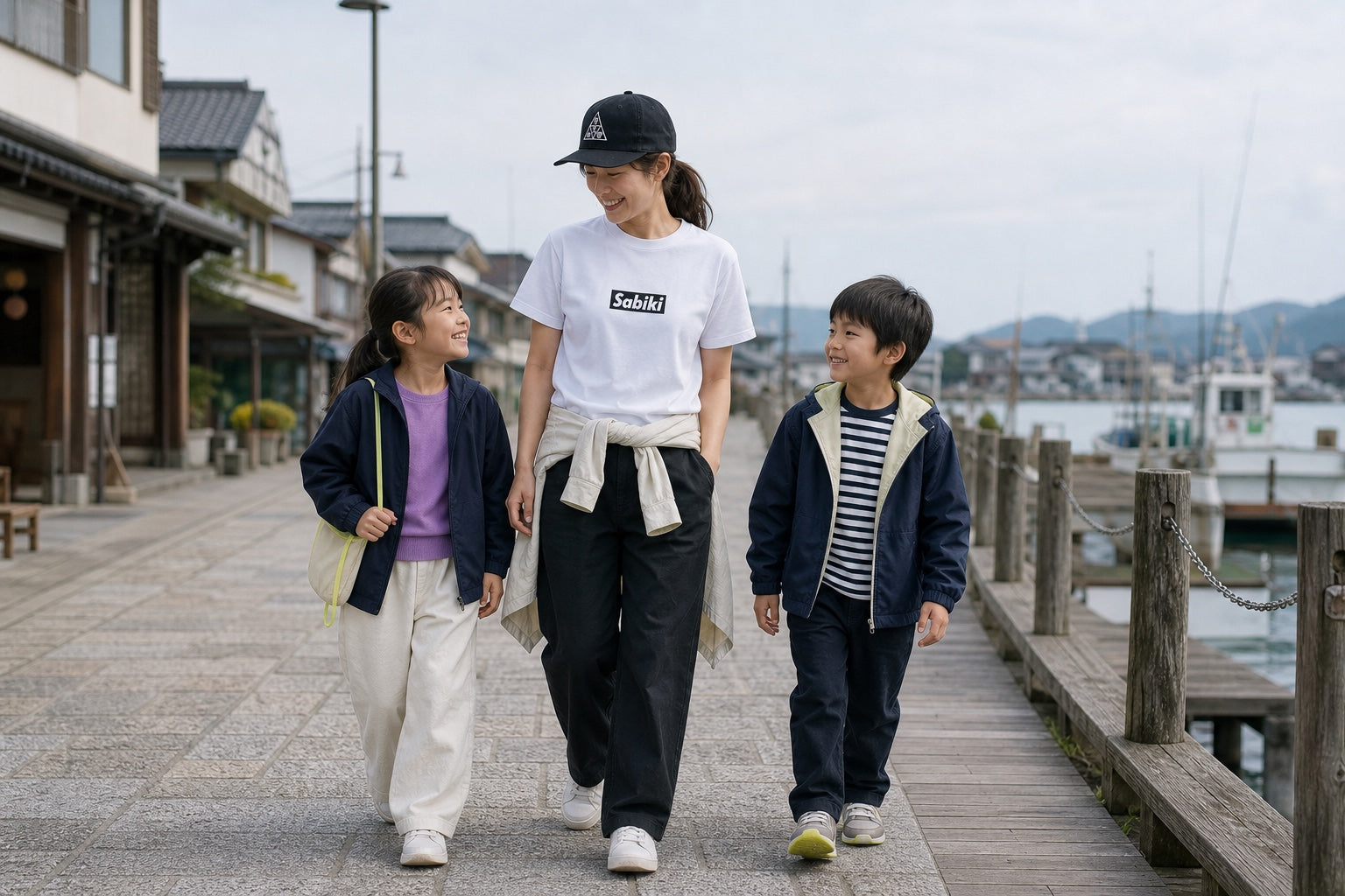 港町を歩くSABIKIの女性モデルと女の子、男の子