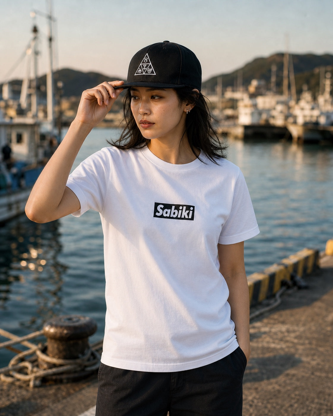 SABIKI TシャツとDeltaキャップを着用する女性