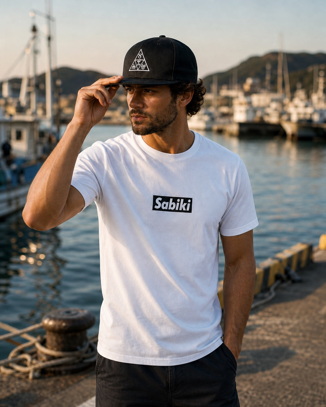 白いSABIKI TシャツとDeltaキャップを着用する男性