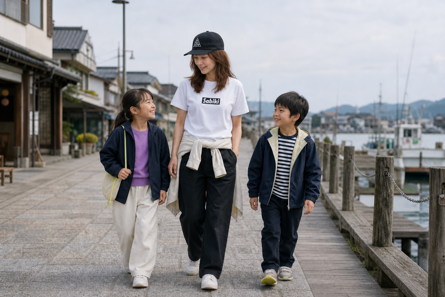 港町でSABIKIのユニセックスウェアを楽しむ女性モデルと女の子、男の子