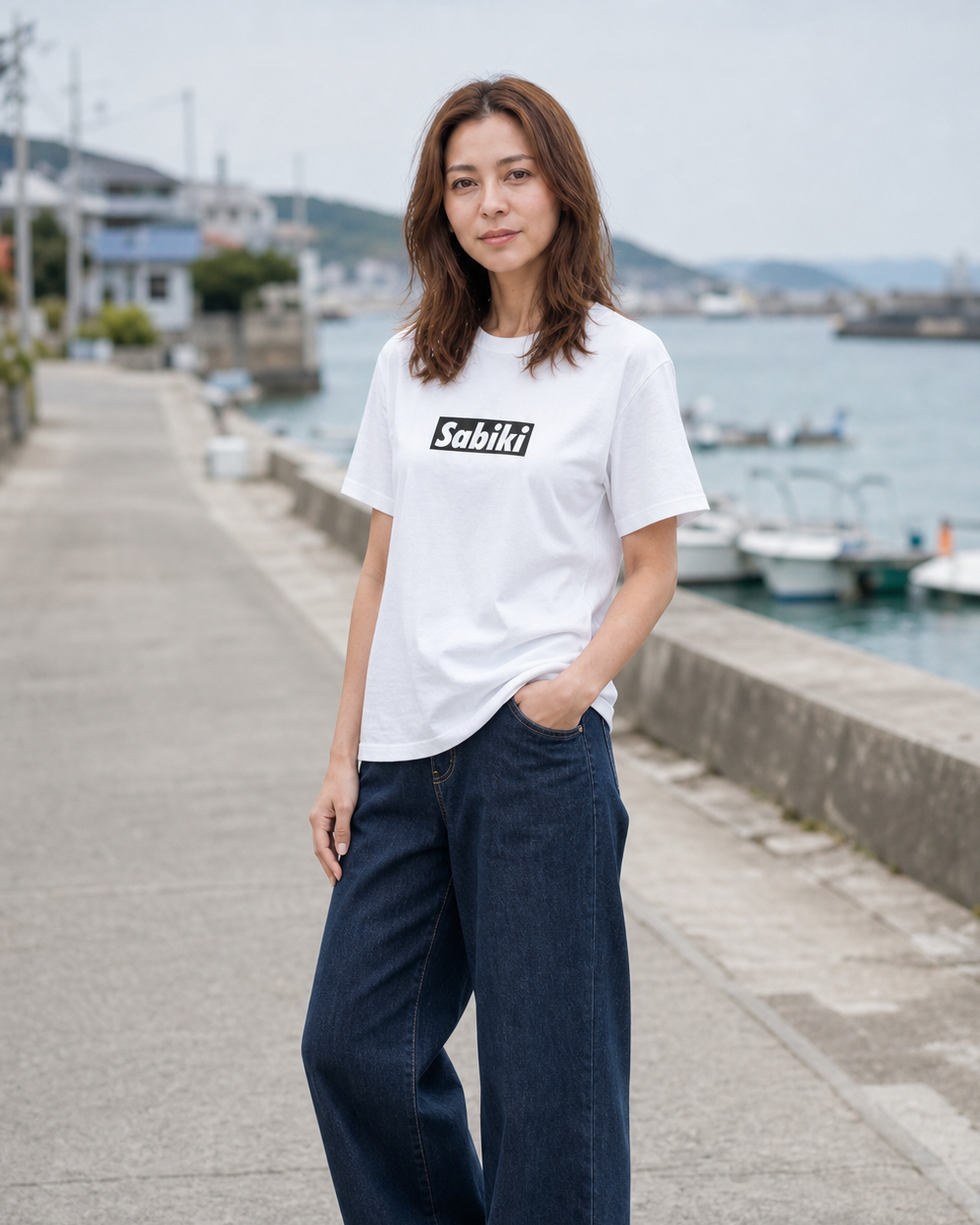 白いSABIKIボックスロゴTシャツを着用する女性モデル