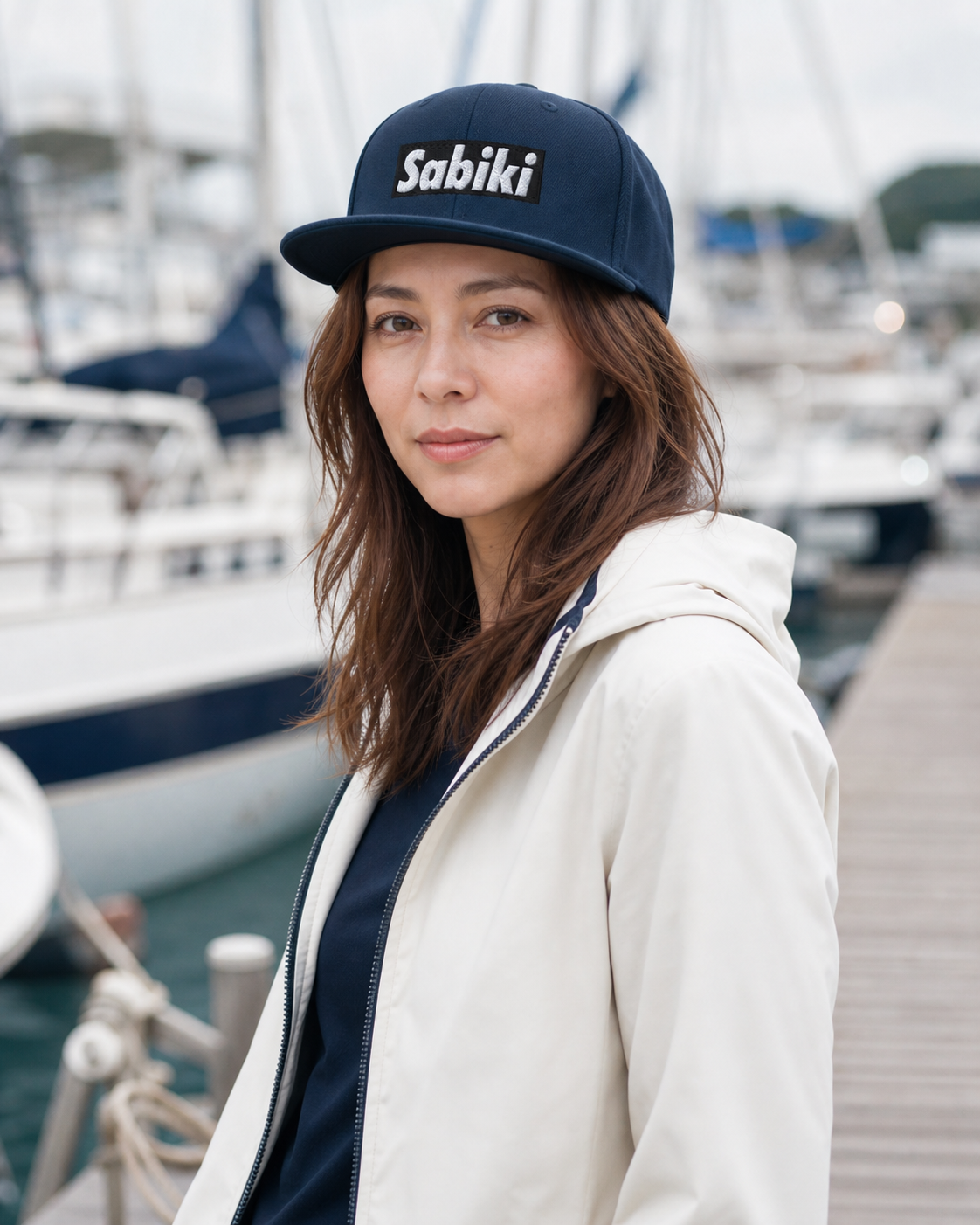 黒いSABIKIボックスロゴのスナップバックキャップを着用する女性モデル