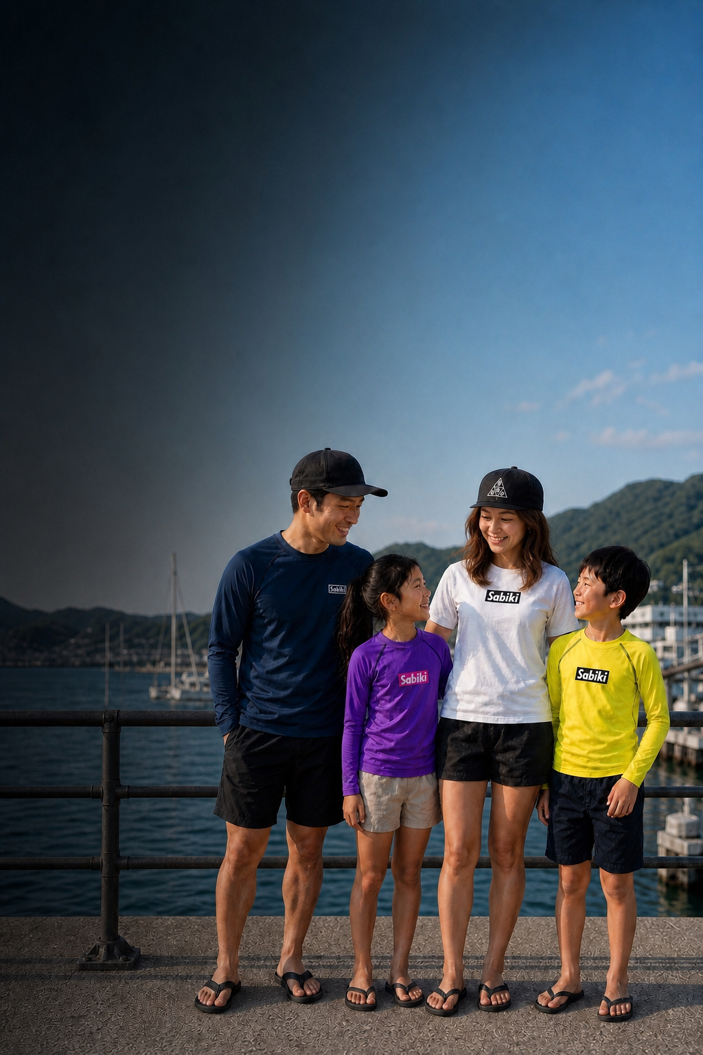 港でSABIKIのウェアを着る男性、女性、女の子、男の子