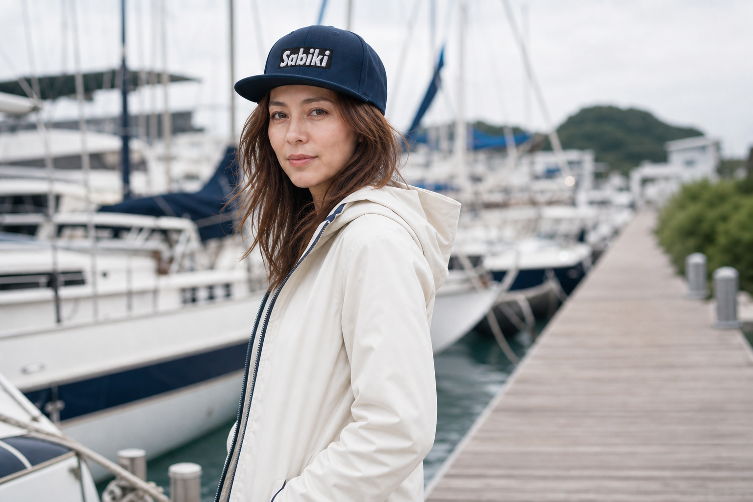 ネイビーのSABIKIスナップバックキャップを着用する女性モデル