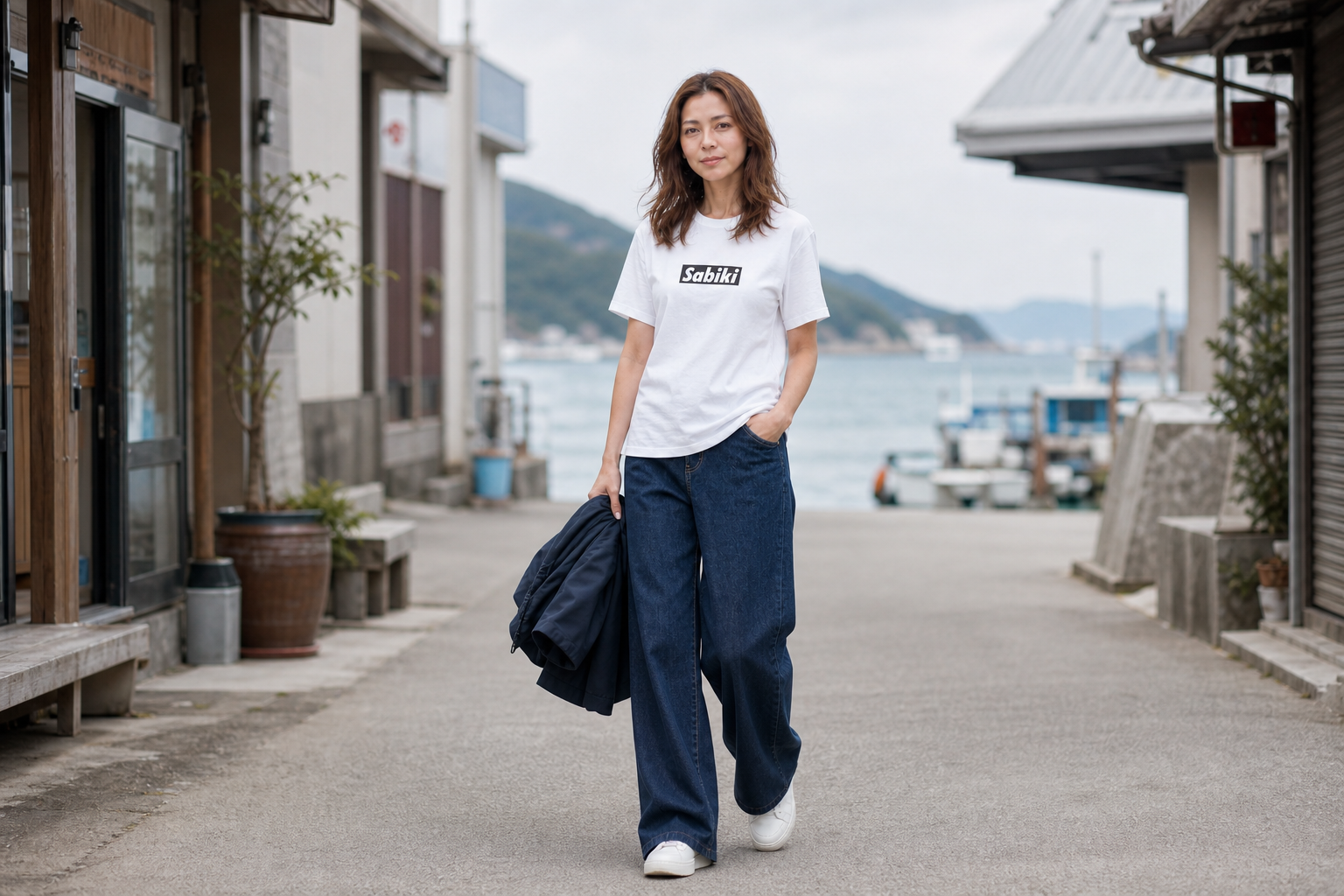白いSABIKIボックスロゴTシャツを着用する女性モデル