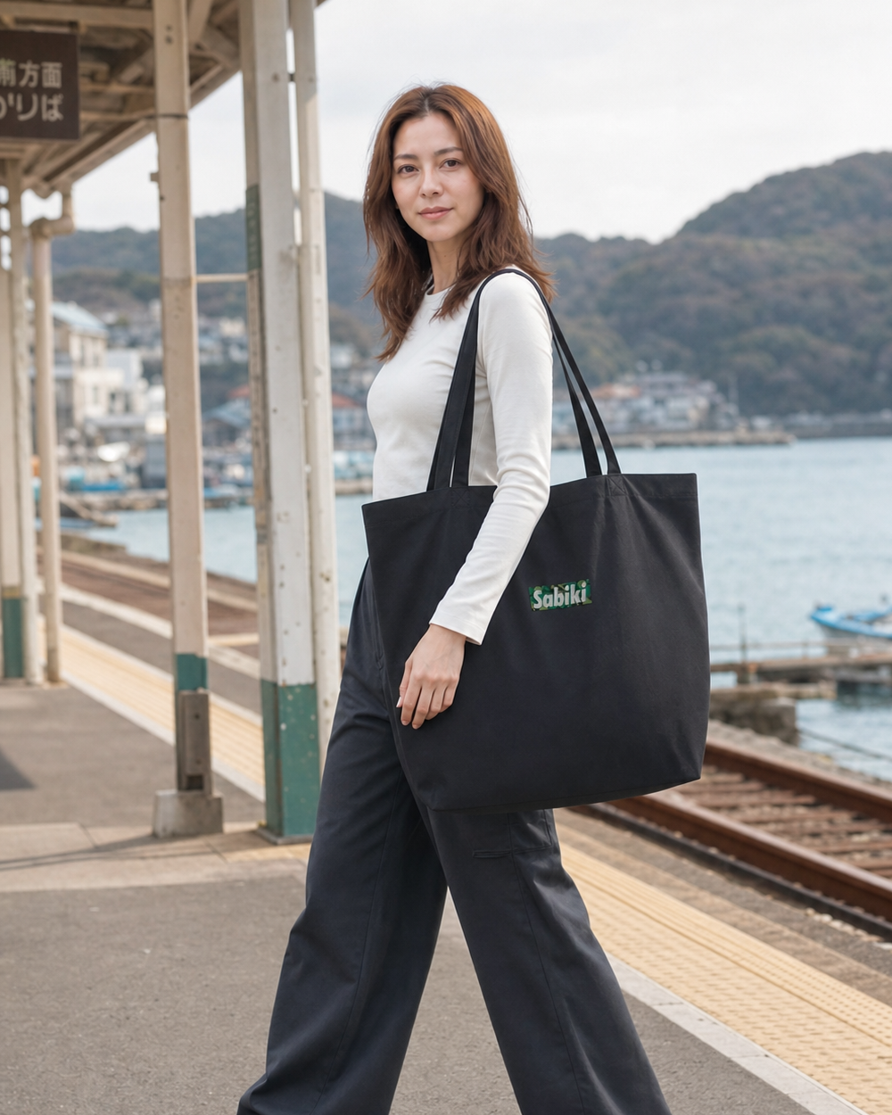 SABIKIの大容量オーガニックトートを肩に掛けて港町を歩く女性モデル
